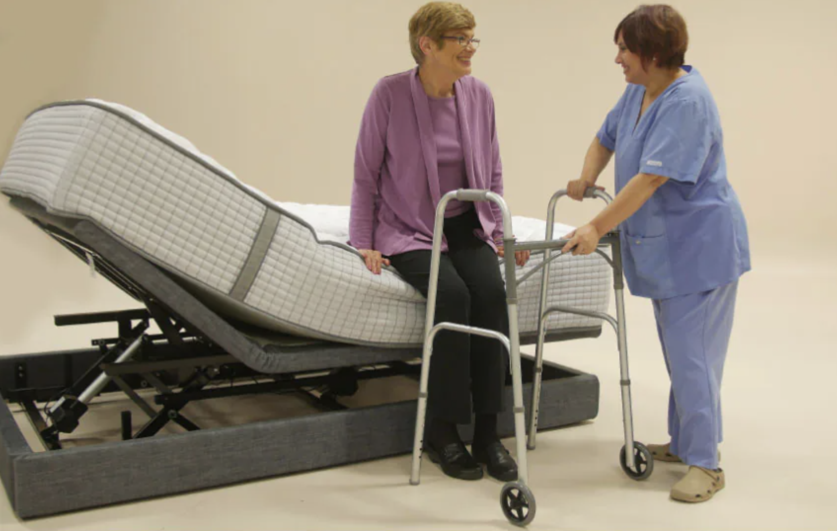 Woman getting out of the NIROPEDIC lift bed with ease