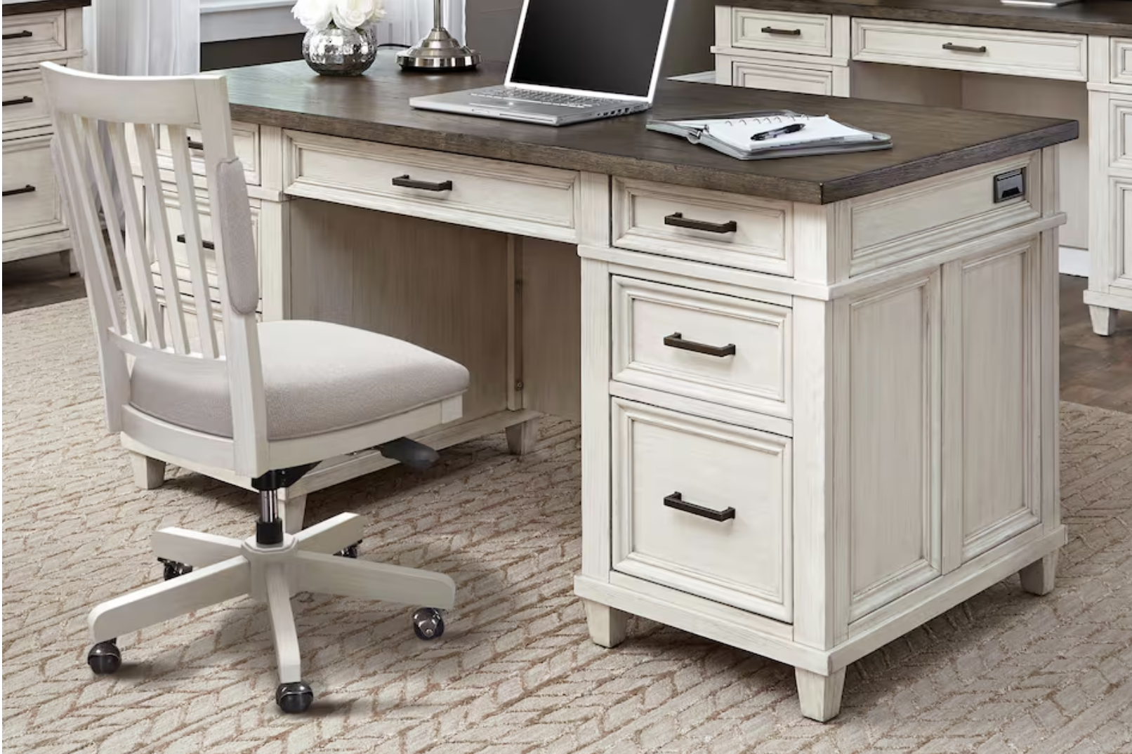 white rustic home office desk with chair