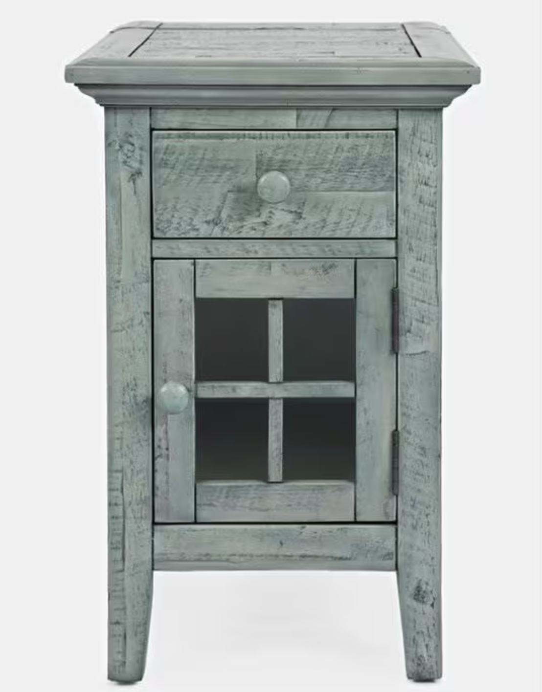 side table with a display window door and one drawer