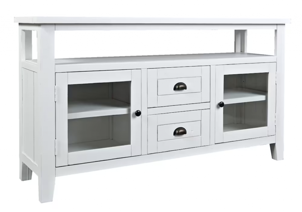 white TV console with display doors and storage