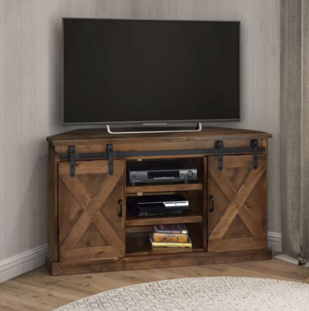 corner TV stand with sliding farm doors