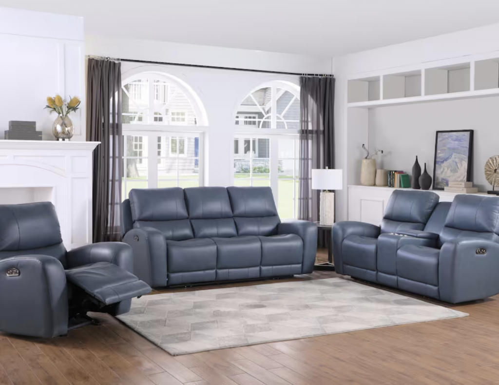 blue faux leather sofa set with electric recliners