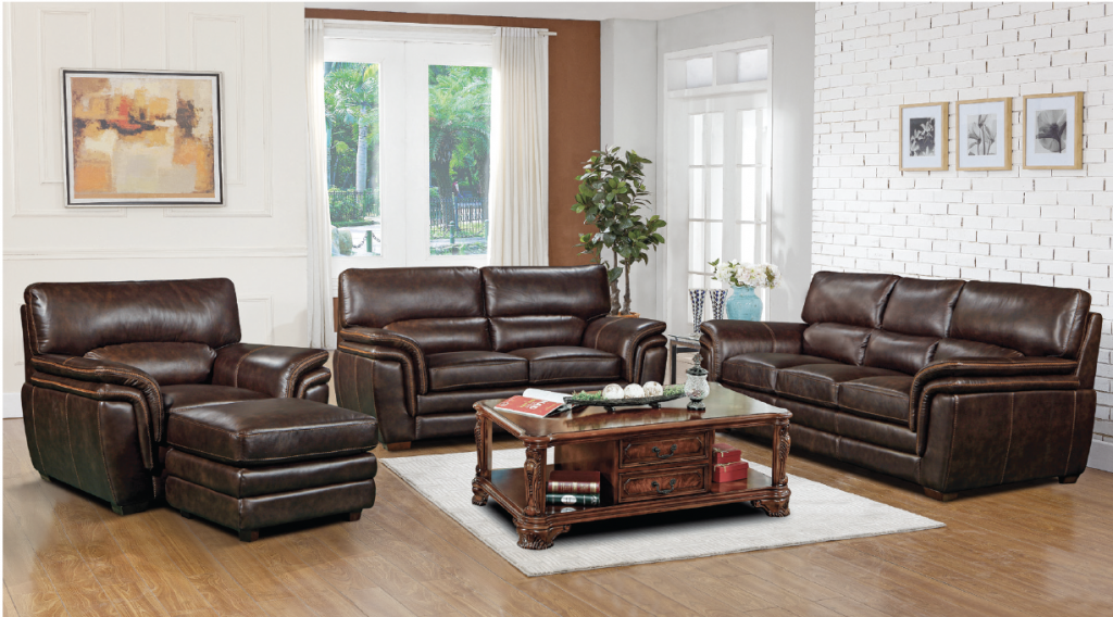 brown leather furniture set with sofa, loveseat, chair, and ottoman