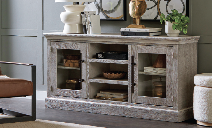 media console with glass display
