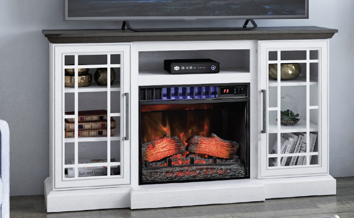 white media console with glass display