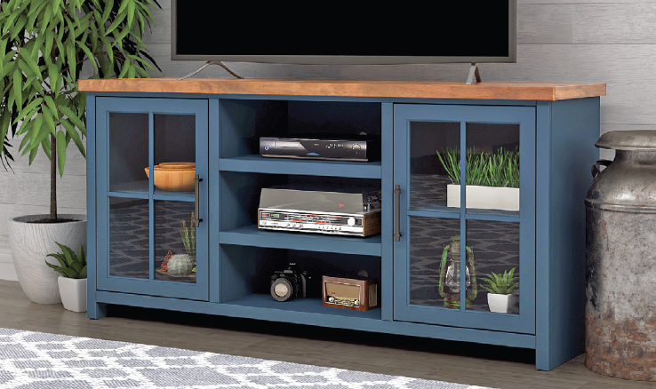 blue media console with glass display doors