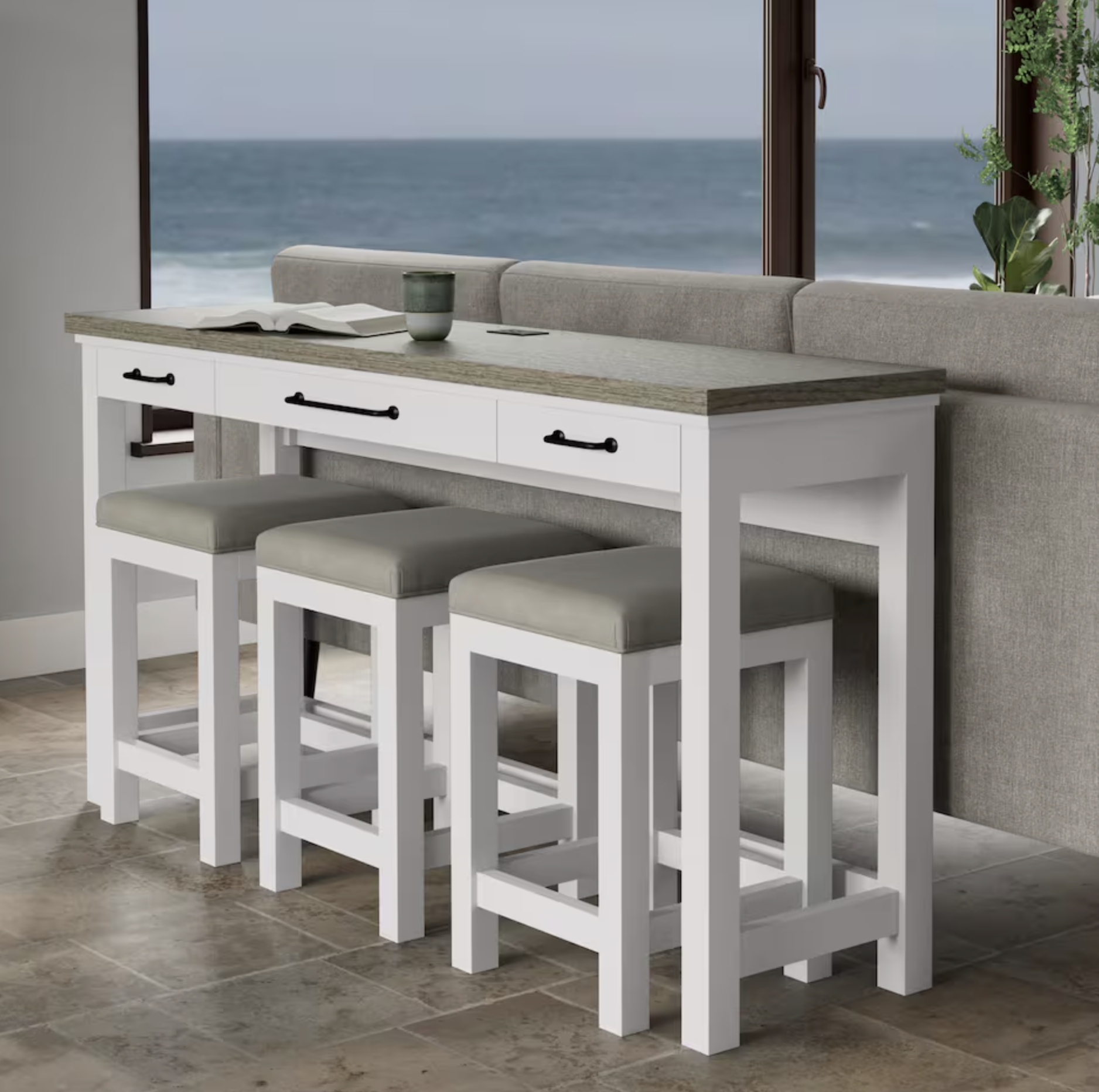 long sofa console table with three bar stools