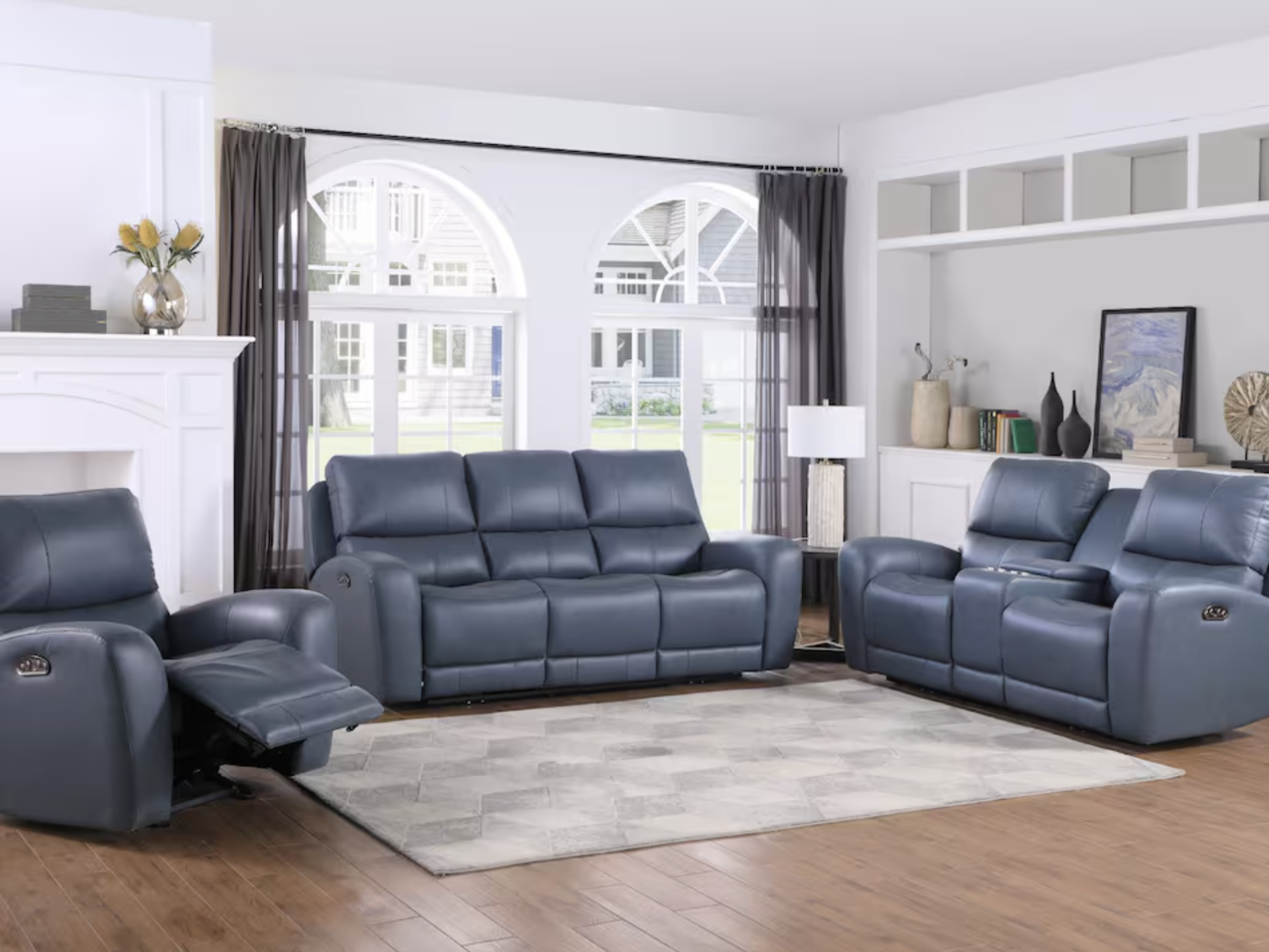 blue faux leather sofa set with electric recliners