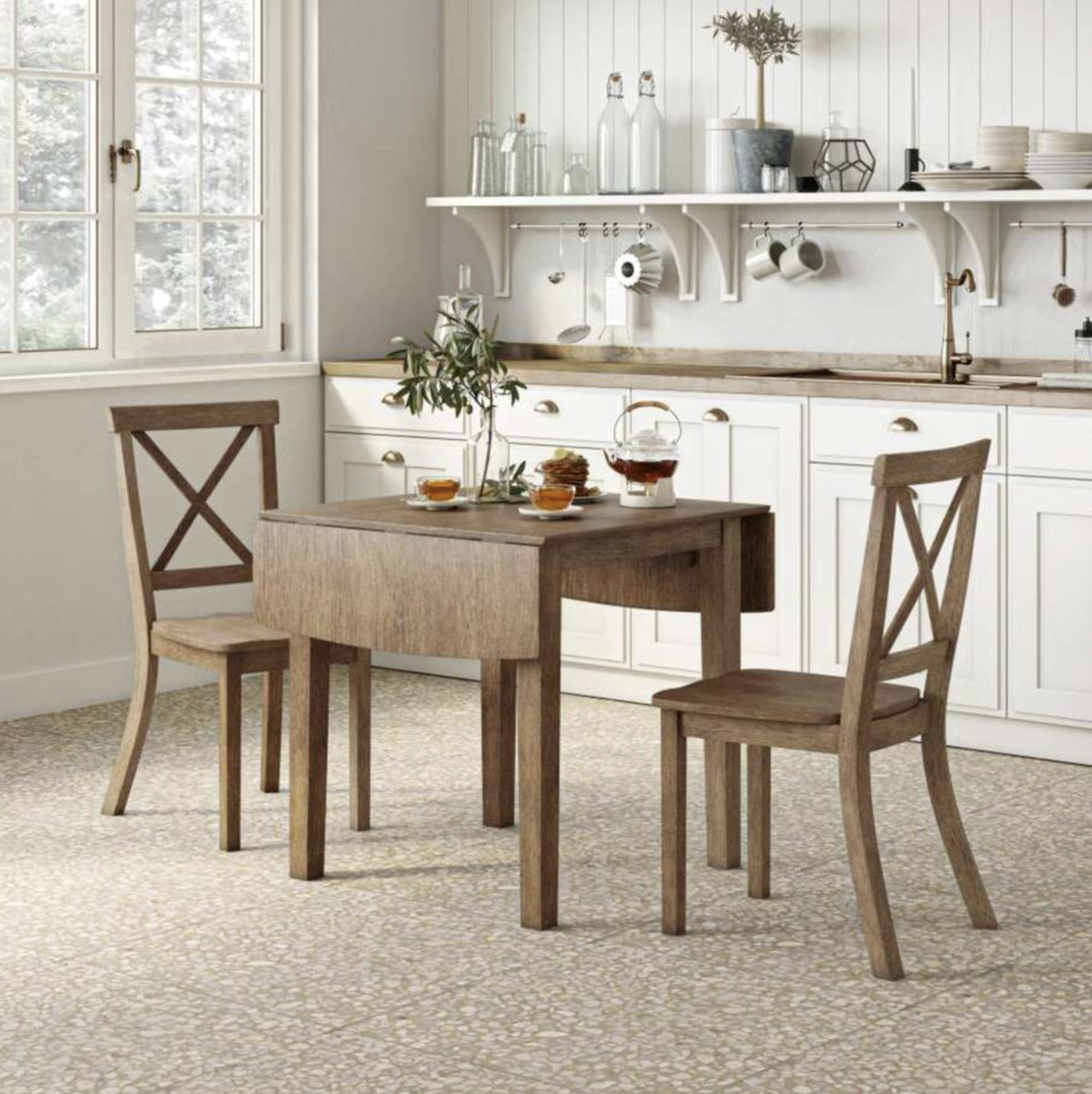 brown breakfast nook table with end extensions and two chairs