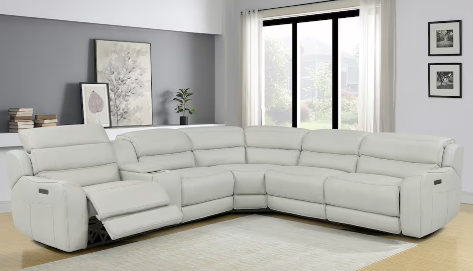 white leather L-shaped sectional with electric recliners