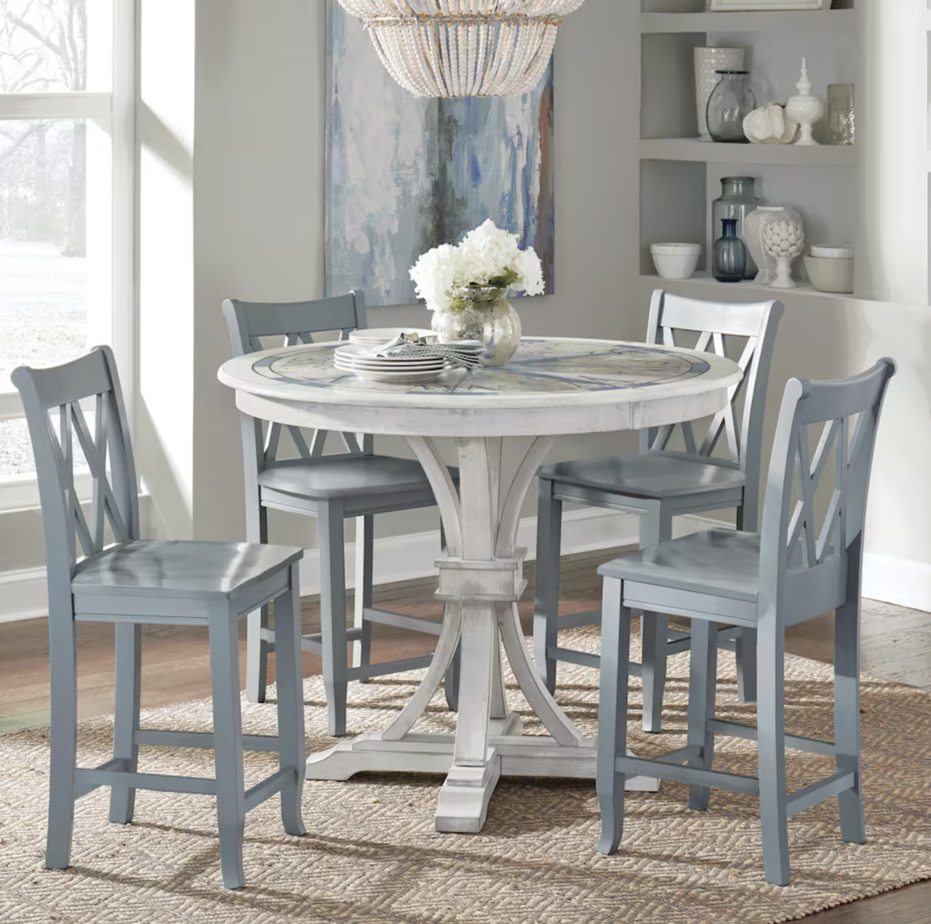 4-seat round table with light blue chairs