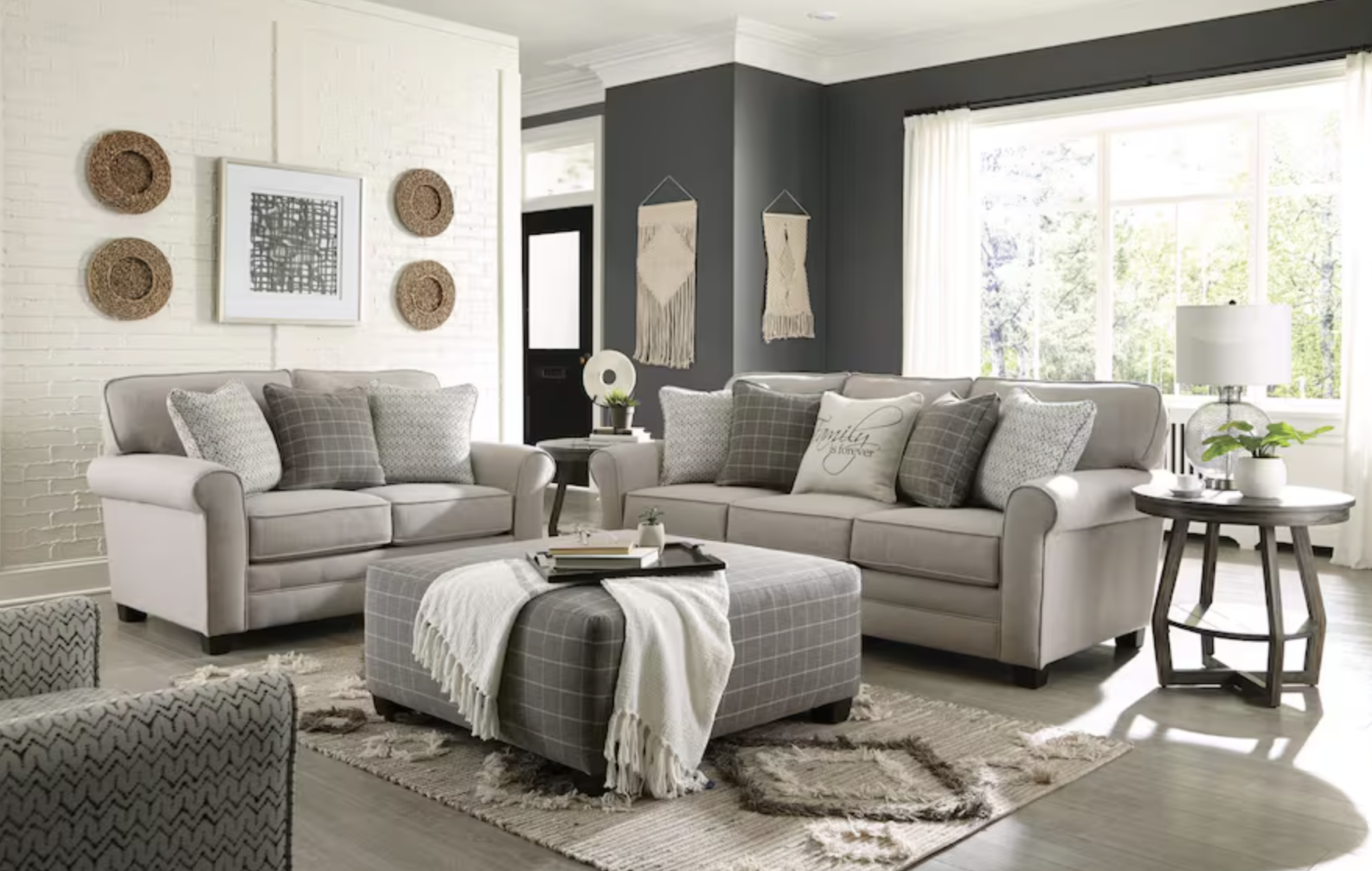 matching sofa and loveseat with an ottoman and side table