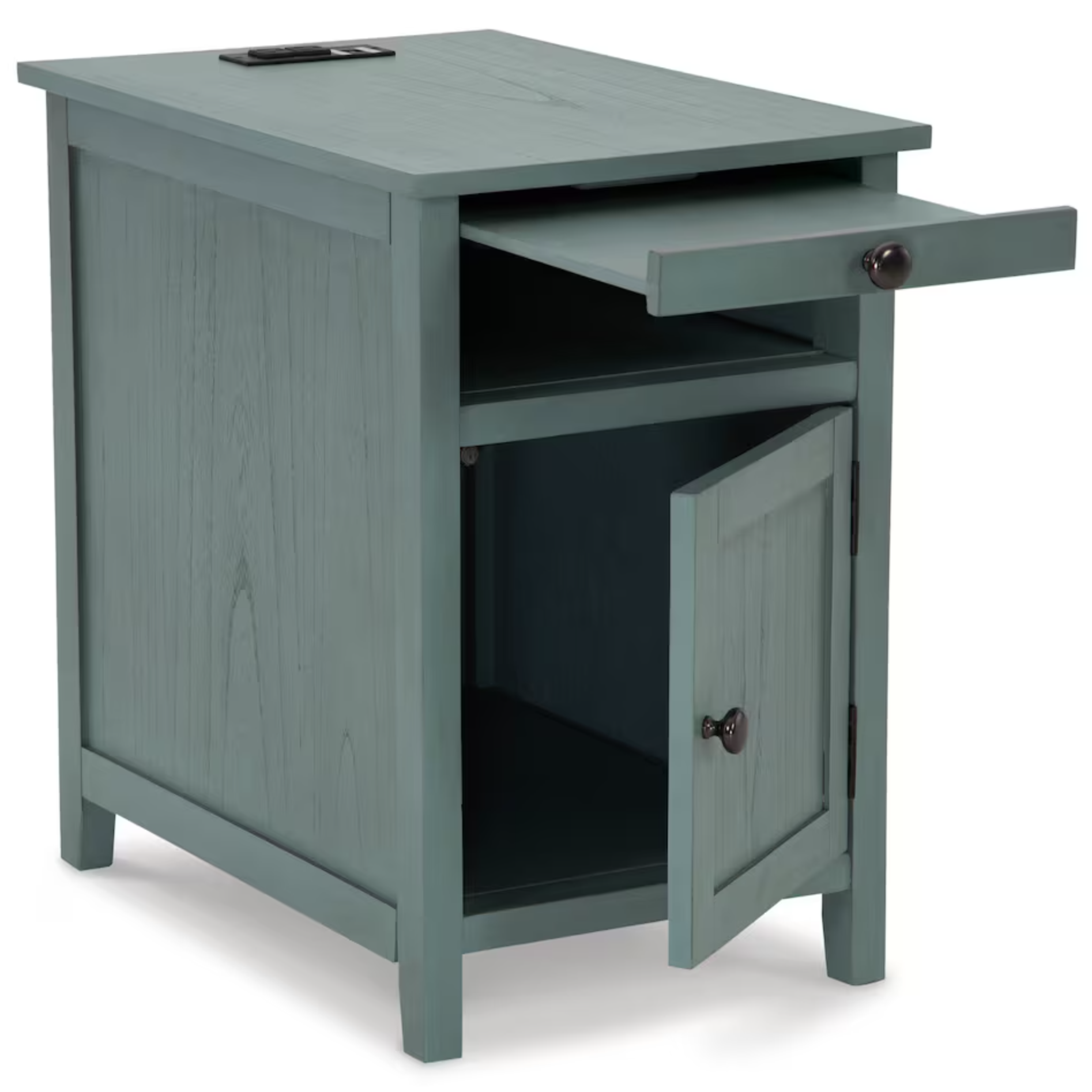 teal side table with storage and extension shelf