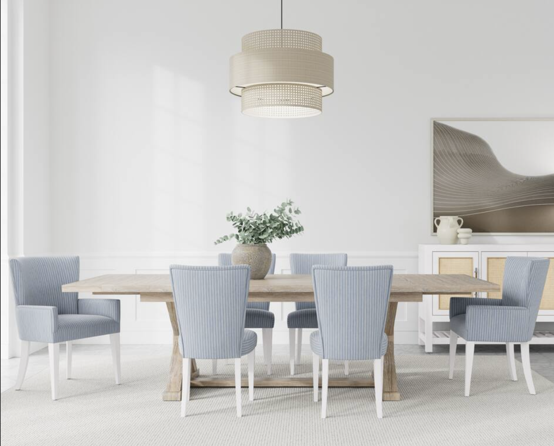 6-seat dining table, light-colored wood, light blue fabric seats
