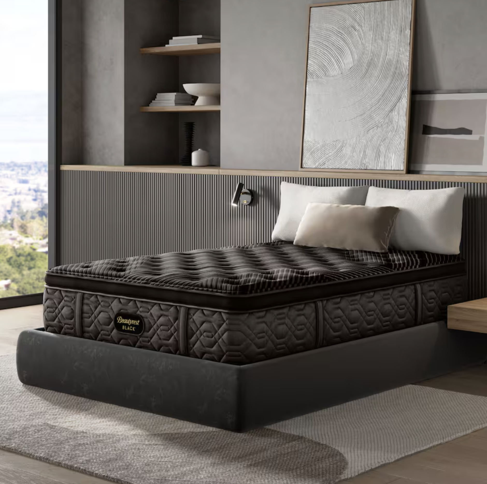 Beautyrest Black pillowtop mattress in a large modern bedroom