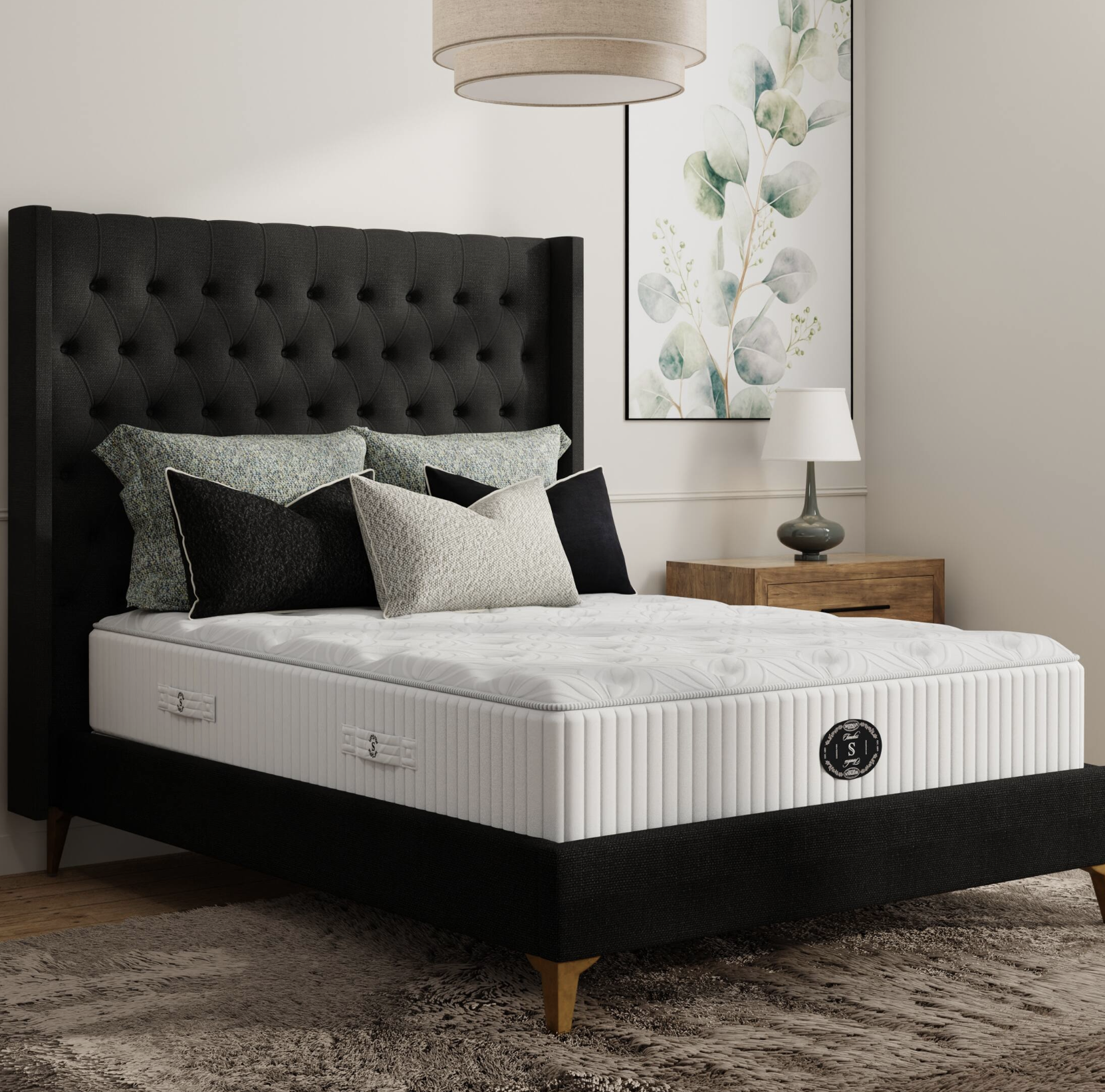 Shifman mattress queen size with black headboard side view