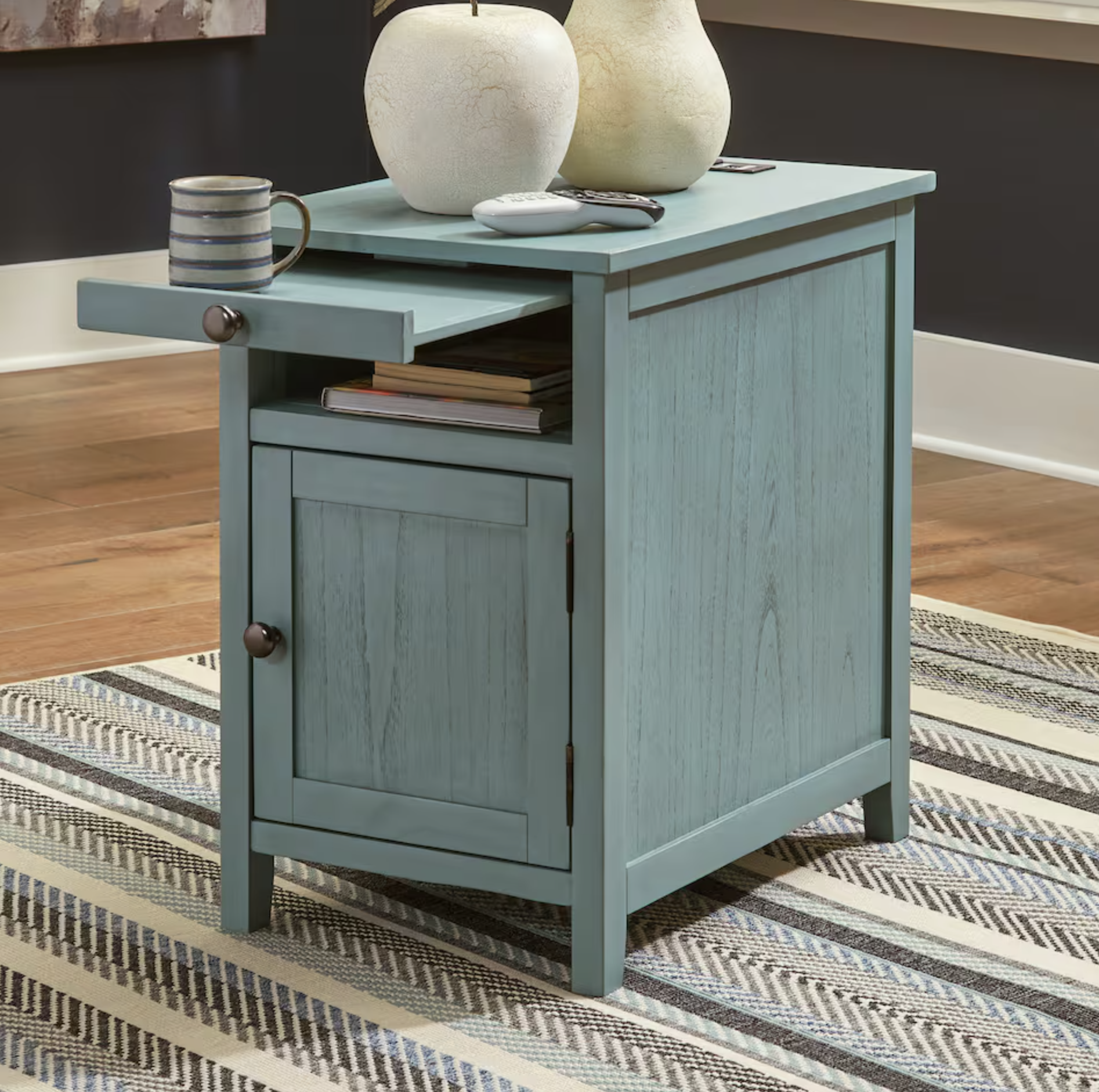 teal side table with storage and extension shelf