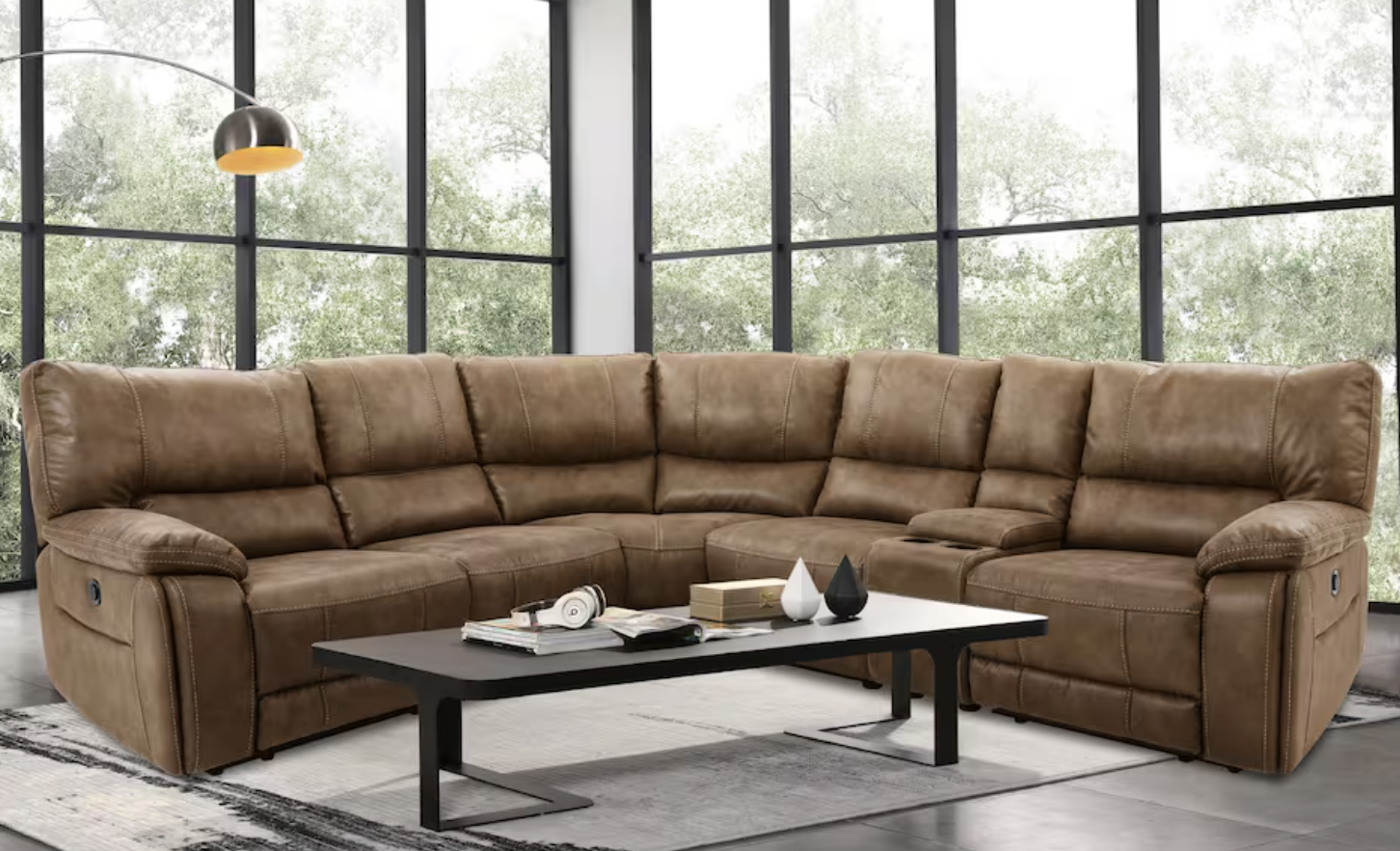 brown leather L-shaped sectional sofa with recliners