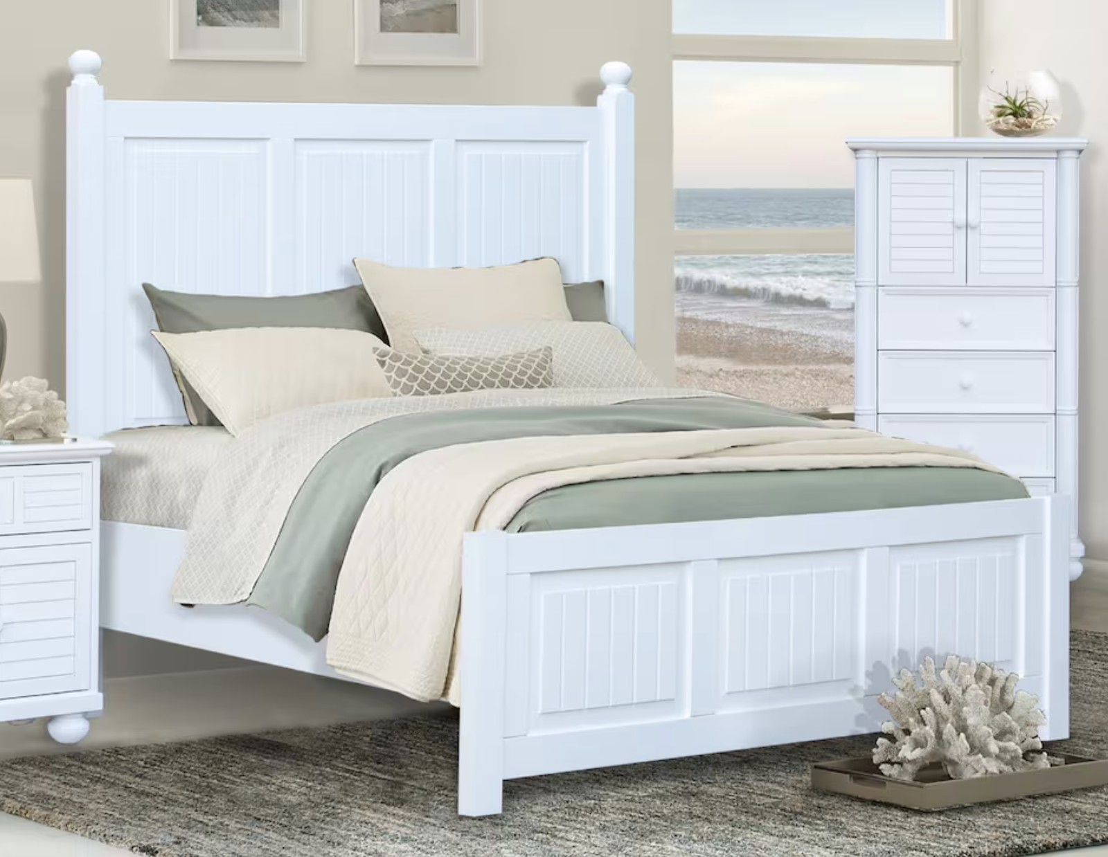 white wood bed frame and headboard with matching dressers