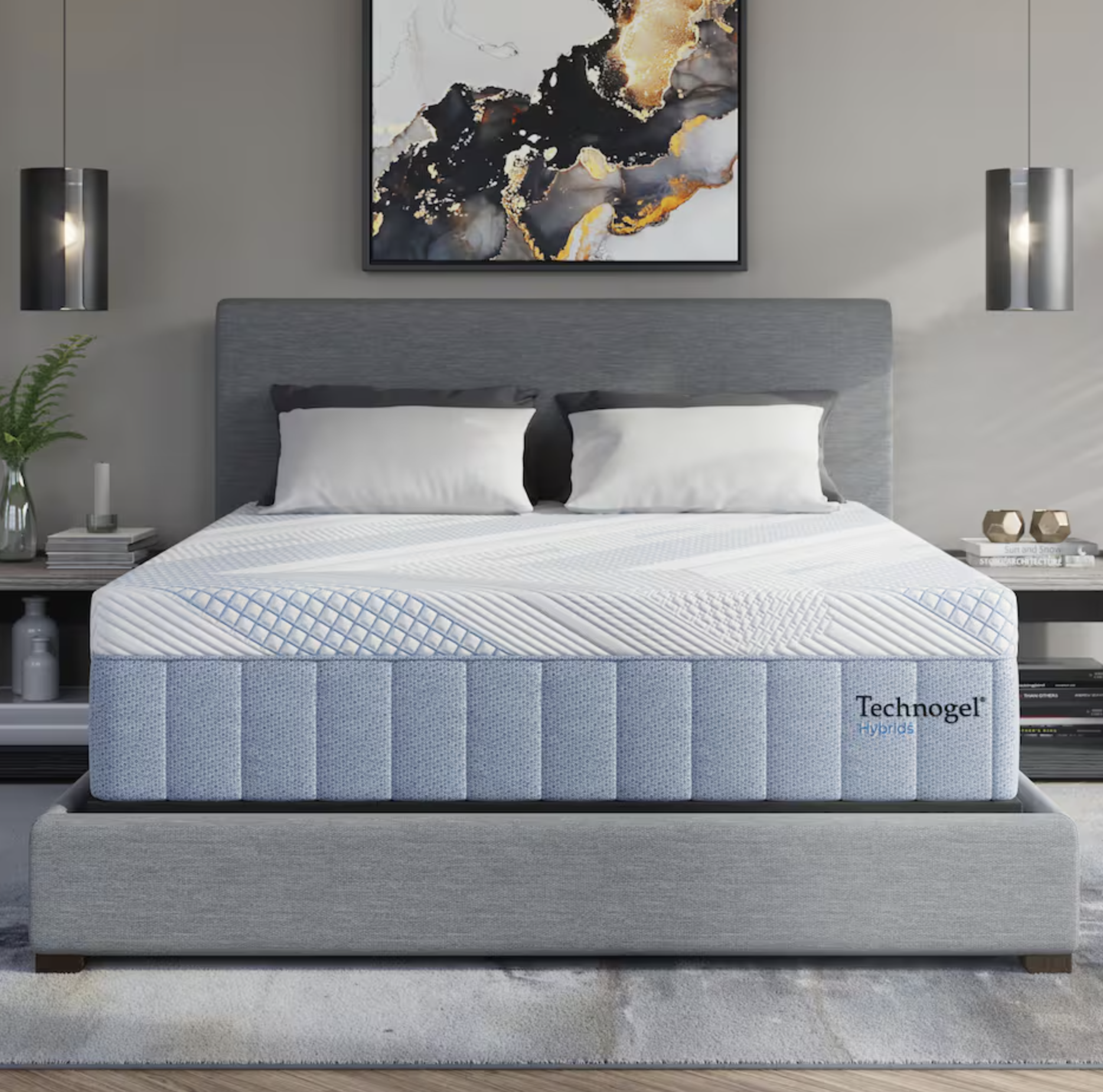 Queen Technogel Hybrid bed on bedframe with gray fabric