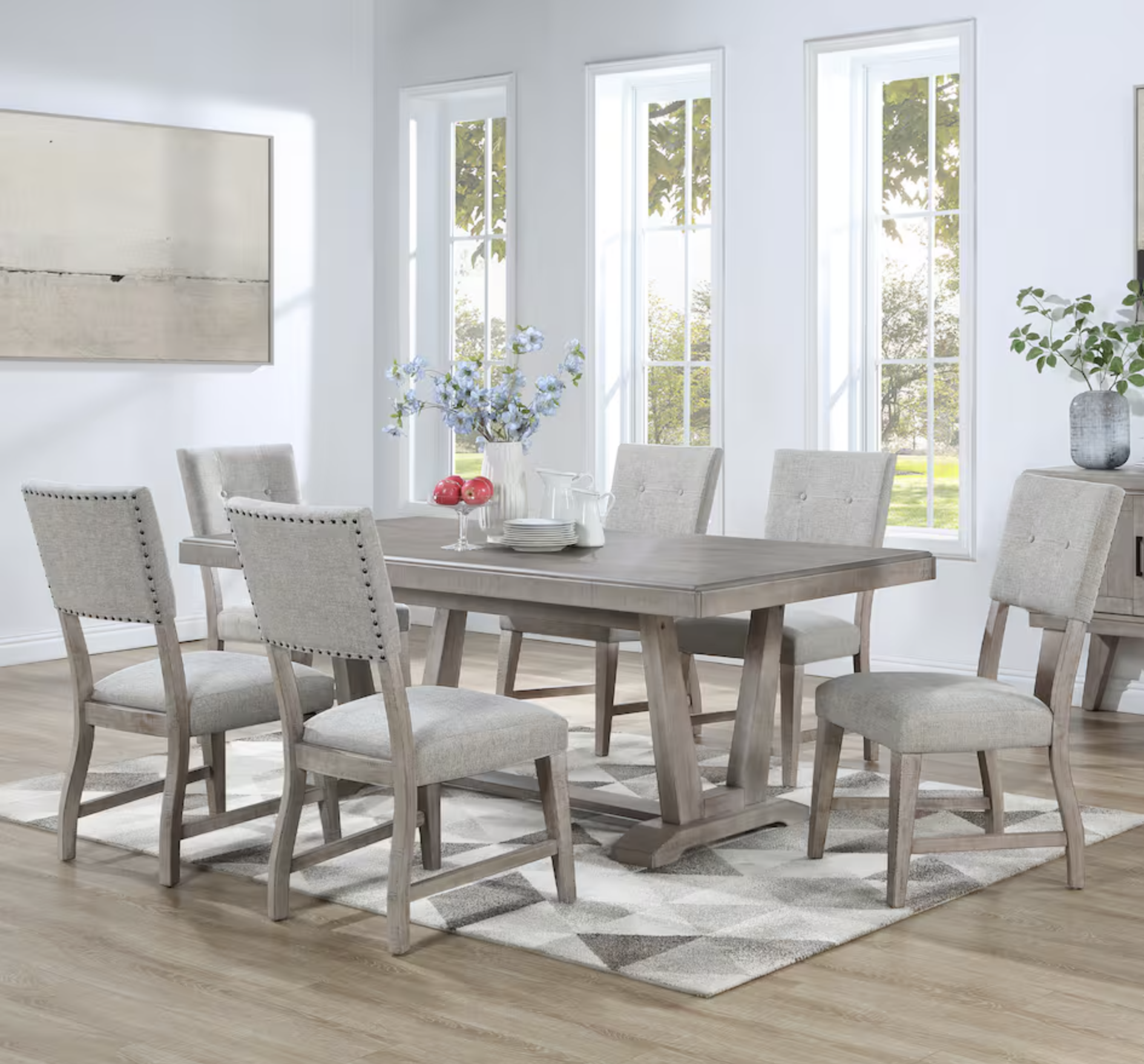6 seat light wood dining table with fabric seats