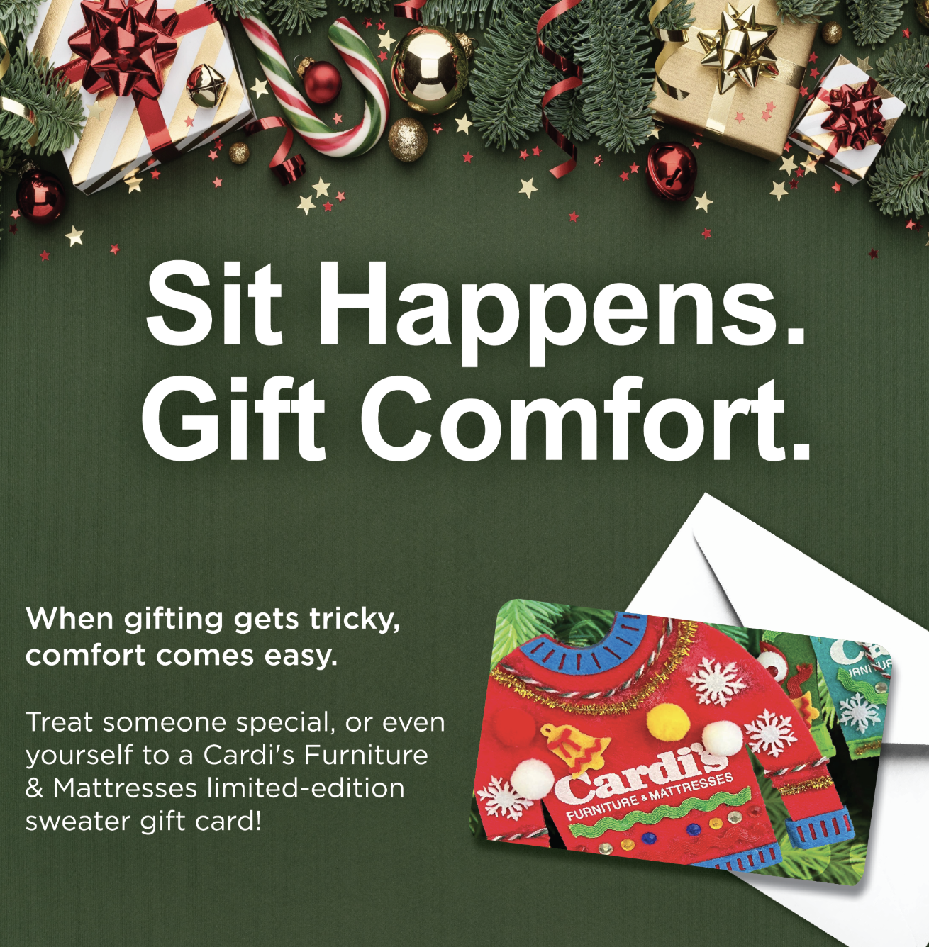 Christmas gift cards, caption: Sit Happens. Gift Comfort