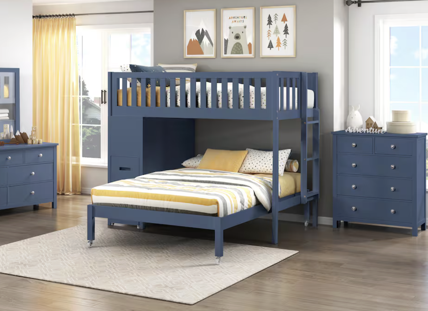 blue twin over full bunk bed with matching dressers