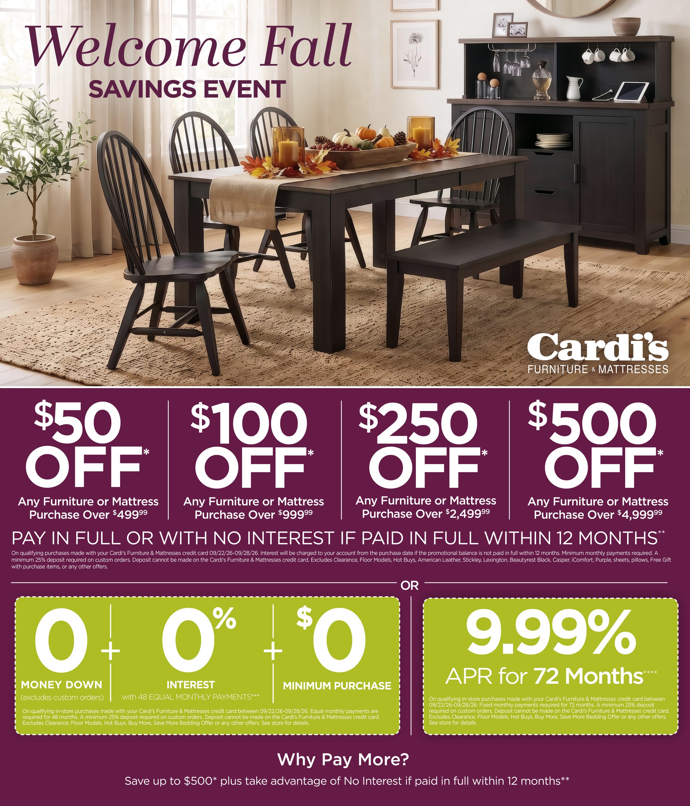 Welcome Fall Savings Event at Cardi’s Furniture & Mattresses. Up to $500 Off: $50 off furniture or mattress purchases over $499.99, $100 off over $999.99, $250 off over $2,499.99, or $500 off over $4,999.99. Pay in full or with no interest if paid in full within 12 months. Additional financing options and restrictions apply; see offer terms below.